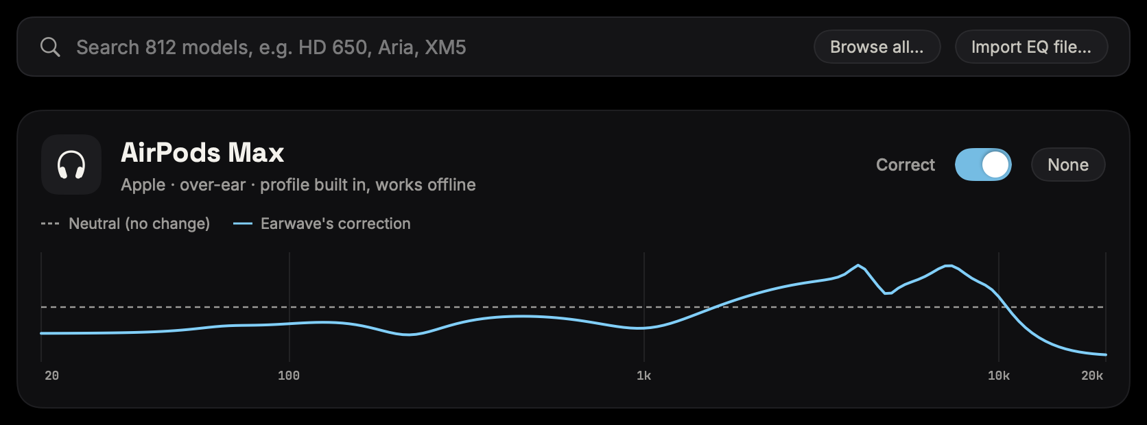 Earwave's Headphones tab: the search box for 812 models, and AirPods Max with correction on, its curve drawn against neutral