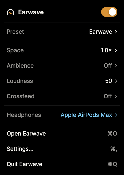 Earwave's menu-bar panel: the power switch, the scene, Space, Ambience, Loudness, Crossfeed and the headphone correction