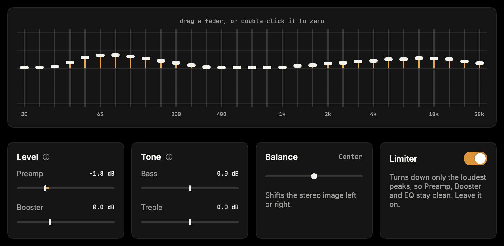 Earwave's Tune tab: 31 faders from 20 Hz to 20 kHz, with the Level, Tone, Balance and Limiter cards below