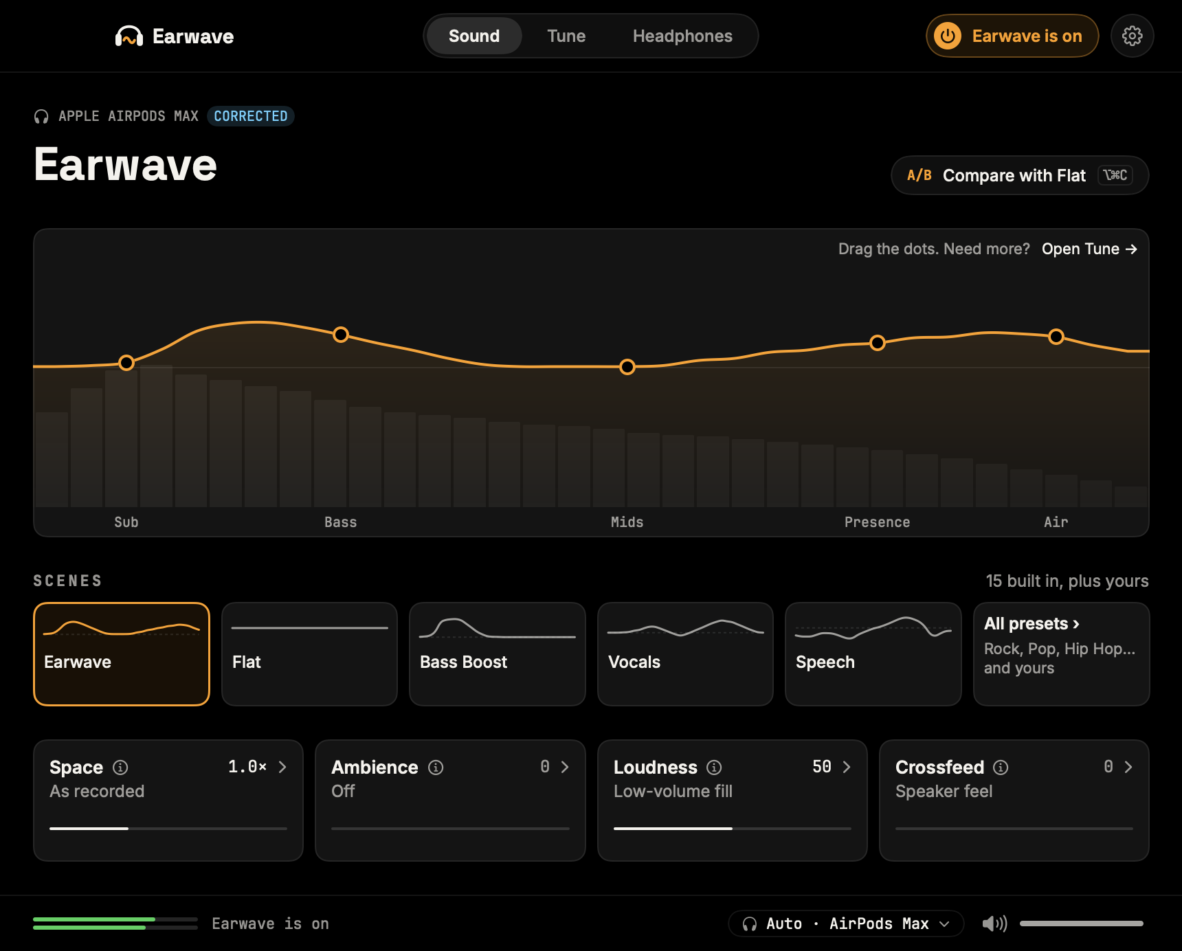 The Earwave window, switched on: the EQ curve with five dots over a live spectrum, the scenes row, and the Space, Ambience, Loudness and Crossfeed cards